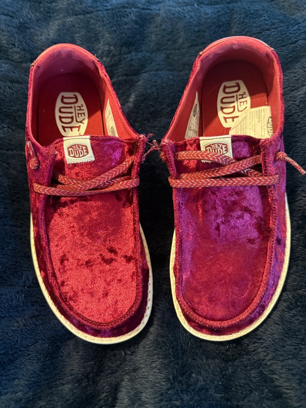 Hey Dude women’s Velvet shoes in Rich Berry
